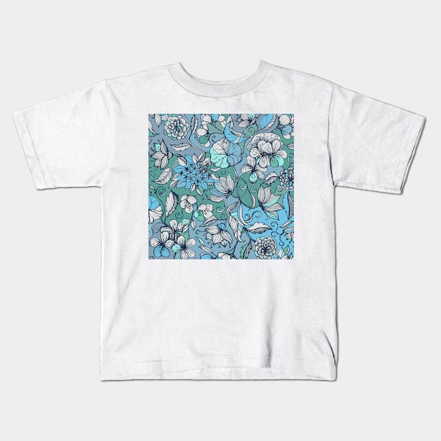 Indigo Summer - a hand drawn floral pattern Kids T-Shirt by micklyn